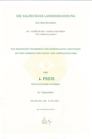 1991 Salzburg Provincial Government - 1st prize for special services to nature and environmental protection | © grossglockner.at